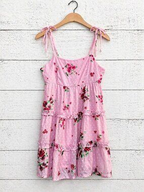 NWT Pink Floral Tiered Mini Dress Tie Strap Smocked Cottagecore Size Large